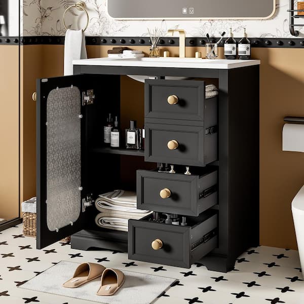 30.01 in. W x 18.62 in. D x 34.06 in. H Single Sink Freestanding Bath Vanity in Black with White Ceramic Top and Storage