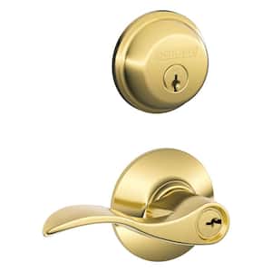 Accent Bright Brass Single Cylinder Deadbolt and Keyed Entry Door Handle Combo Pack
