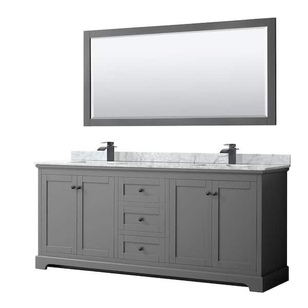 Wyndham Collection Avery 80 in. W x 22 in. D x 35 in. H Double Bath Vanity in Dark Gray with White Carrara Marble Top and 70 in. Mirror