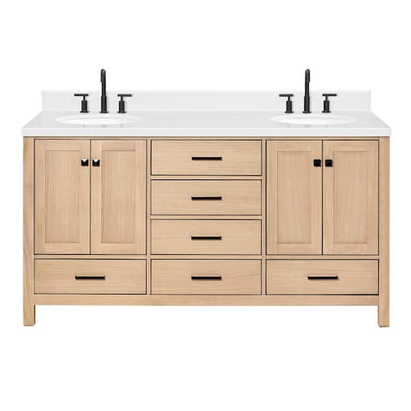 Cambridge 66 in. W x 22 in. D x 36 in. H Double Oval Sink Bath Vanity in Oak with Carrara White Quartz Top