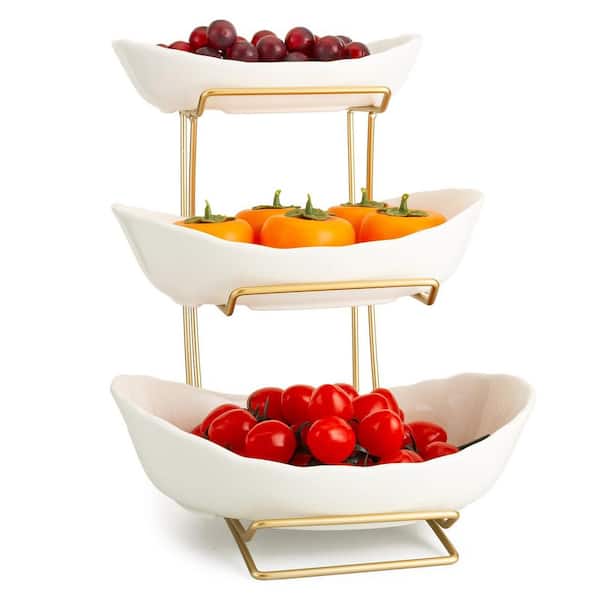 1 Piece 3-Tier White Ceramic Decorative Fruit Bowl Fruteros Para Cocina for Kitchen Counter Storage Set