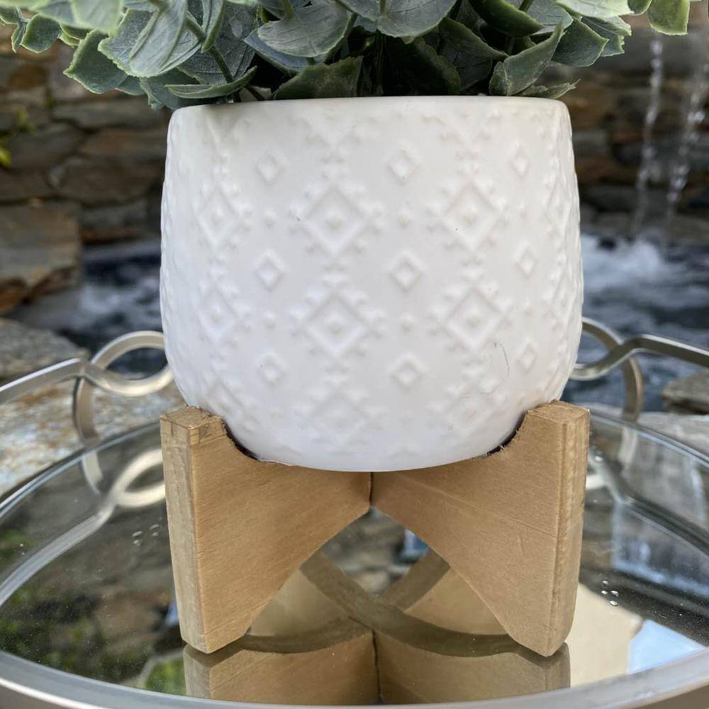 Matte White Ceramic & Wood Stand Indoor Planter, 4.75"