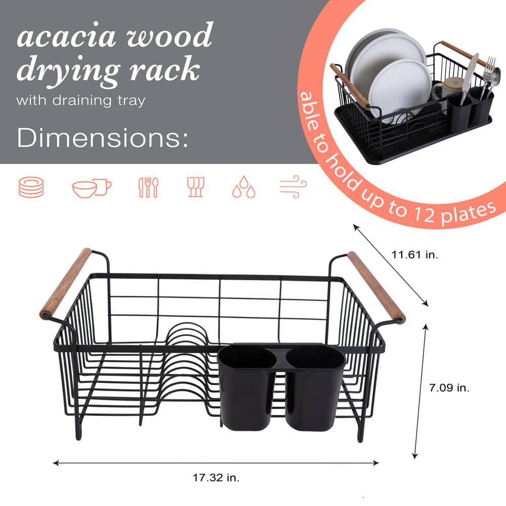 Acacia Wood and Black Metal Dish Drying Rack with Utensil Cup