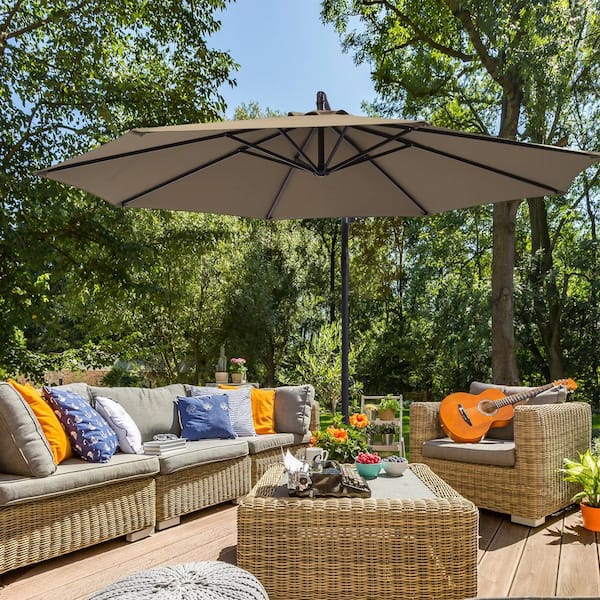 SANLUCE 10 ft. Cantilever Patio Umbrella With Easy Adjustment, Solution-Dyed Fabric, 8 Ribs for Backyard, Poolside in Taupe