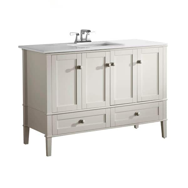 Simpli Home Chelsea 48 in. Bath Vanity in Soft White with Engineered Quartz Marble Vanity Top in White with White Basin