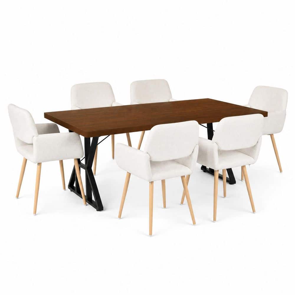 LEONARD 7-Piece Rectangular Brown and Beige MDF Top Dining Room Set Seats 6