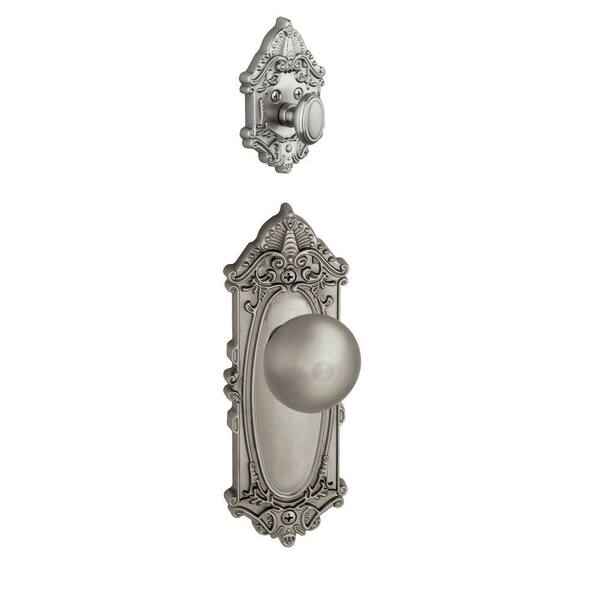 Grandeur Grande Victorian Single Cylinder Satin Nickel Combo Pack Keyed Differently with Fifth Avenue Knob and Matching Deadbolt
