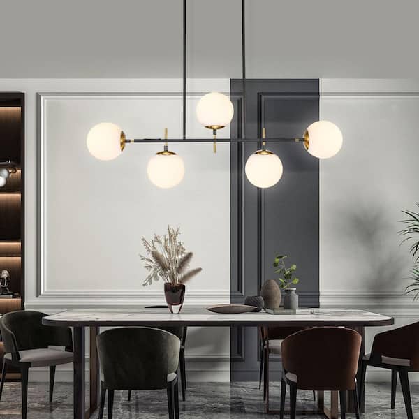 Deerfield 5-Light Black & Brass Kitchen Island Chandelier with Milk Globe Glass Shade