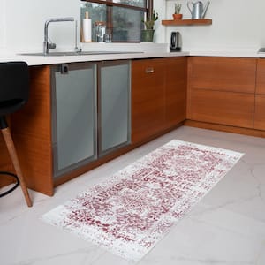 Himalayas Burgundy Creme 2 ft. 2 in. x 6 ft. Machine Washable Modern Abstract Polyester Non-Slip Backing Area Rug