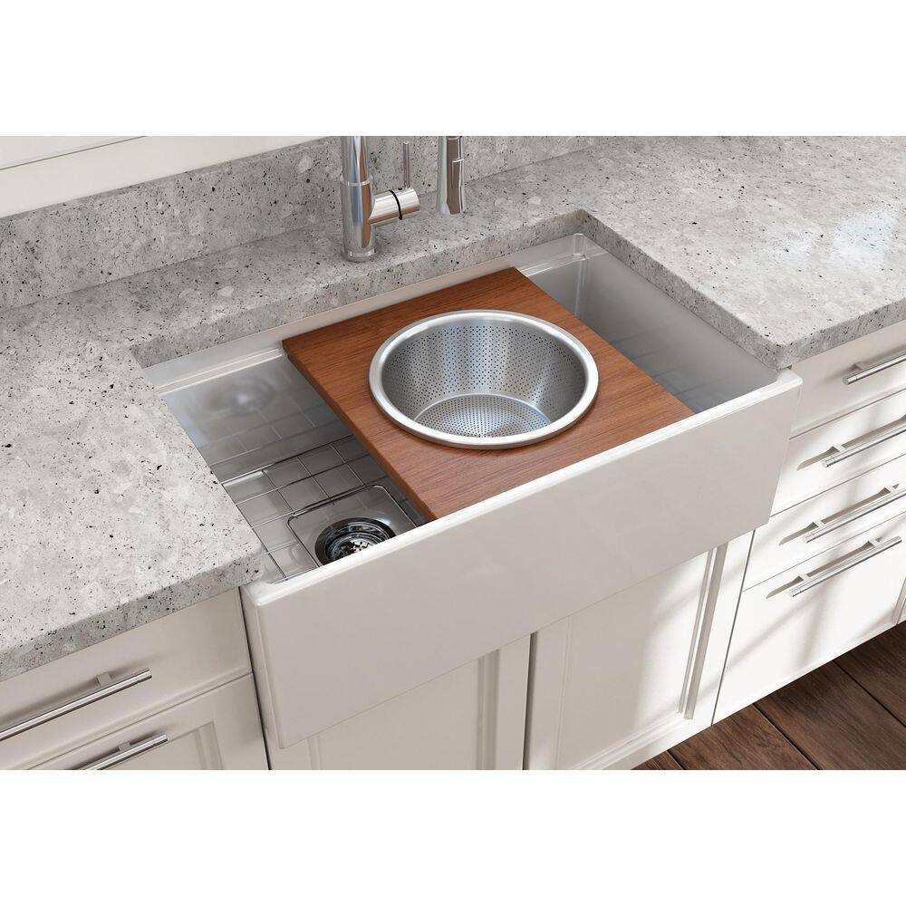 Mahogany Wood Prep Board Set with Round Stainless Steel Bowl and Colander