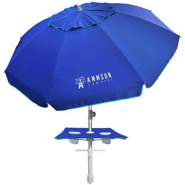 Angel Sar 7 ft. Heavy Duty High Wind Beach Umbrella with Sand Anchor and Built-in Table Tray for Patio Garden Pool, Blue