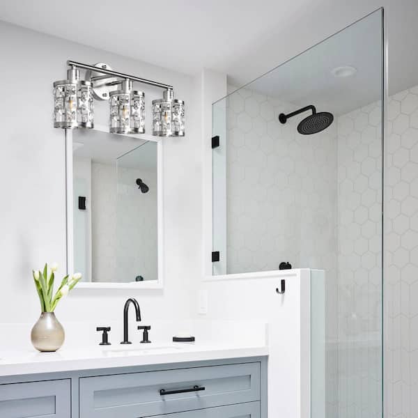 19.88 in. 3-Light Brushed Nickel Modern Industrial Bathroom Vanity Light Over Mirror with Crystal Shade