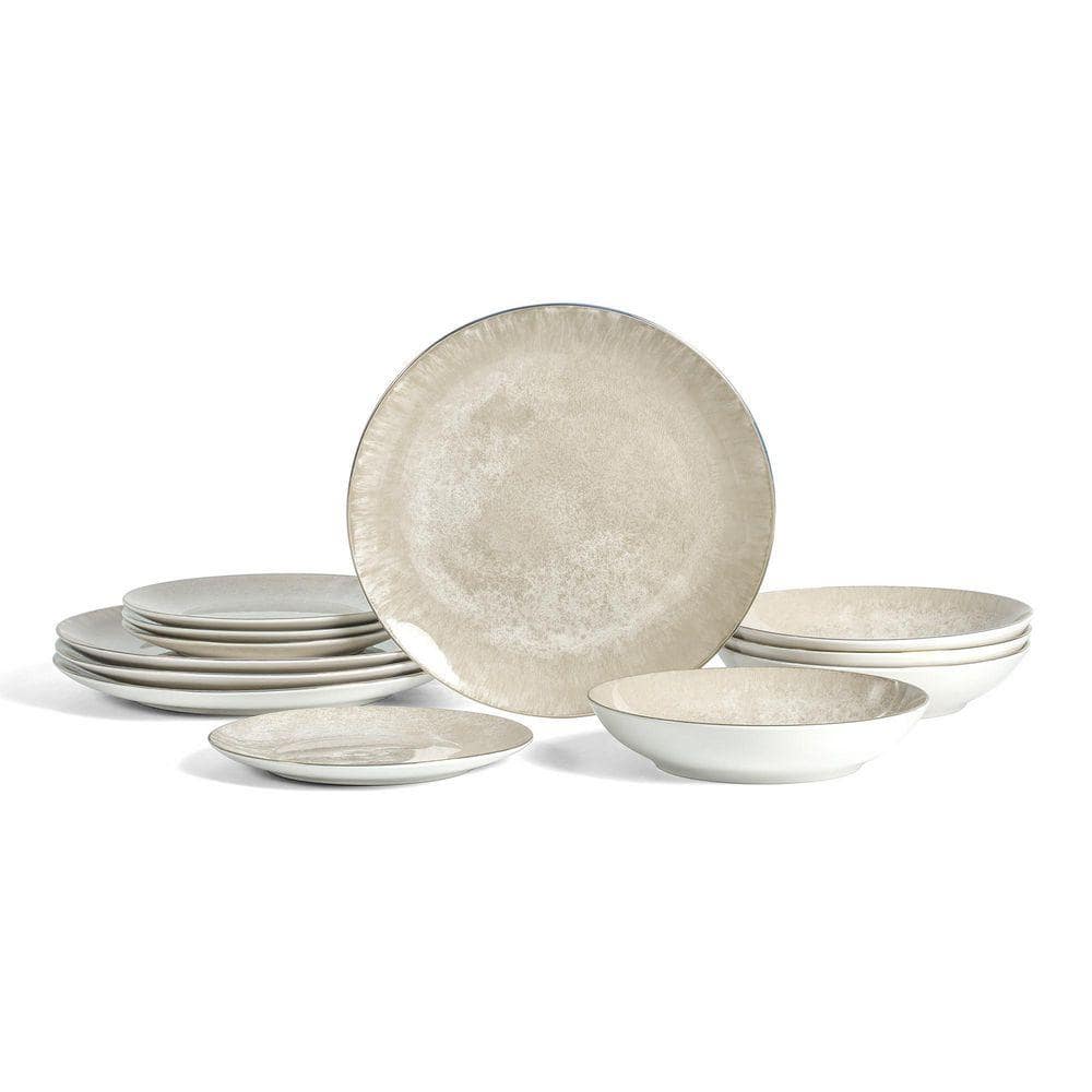 Onyx 12-Piece Beige and Gold Porcelain Full Set (Service for 4)