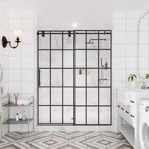 60 in. W x 76 in. H Sliding Frameless Shower Door in Matte Black with Tempering Grid Glass (Right Side Opening)