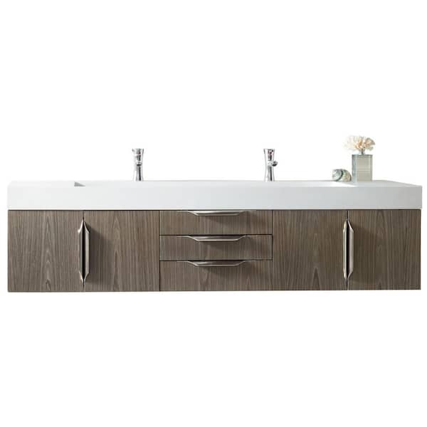 James Martin Vanities Columbia 72.5 in. W x 19 in. D x 18.3 in. H Double Bath Vanity in Ash Gray with Composite Top in Glossy White