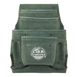 10-Pocket Hunter Green Suede Leather Nail and Tool Pouch w/2 Hammer Holders