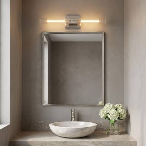 Keaton 5 in. W x 30 in. H 2-Light Brushed Nickel Dimmable Bathroom Wall Sconce with Clear Fluted Glass Shades