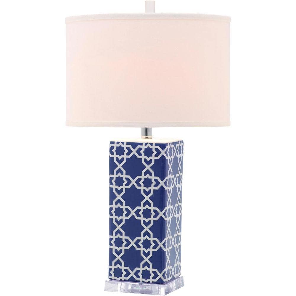Navy and White Ceramic Table Lamp Set with Cotton Shade
