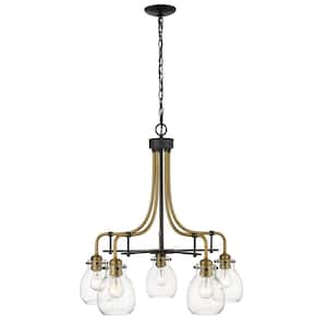 Kraken 5-Light Matte Black and Olde Brass Indoor Shaded Chandelier with Clear Glass Shade With No Bulb Included