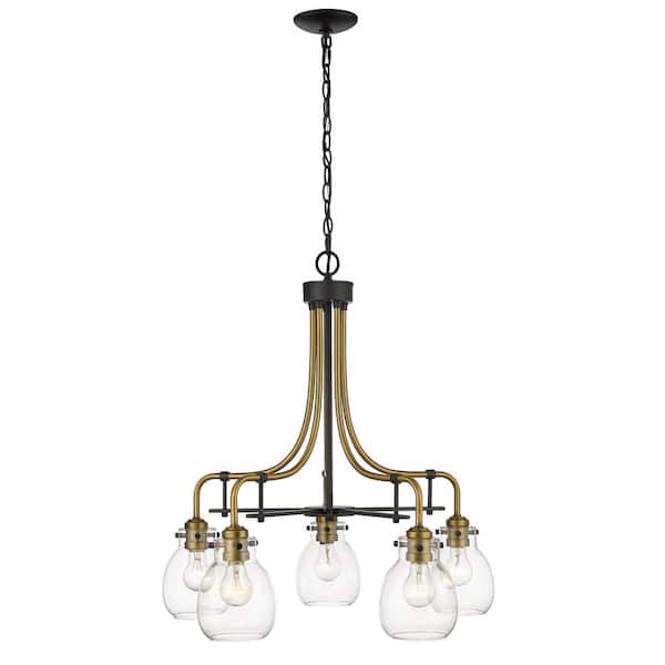Unbranded Kraken 5-Light Matte Black and Olde Brass Indoor Shaded Chandelier with Clear Glass Shade With No Bulb Included