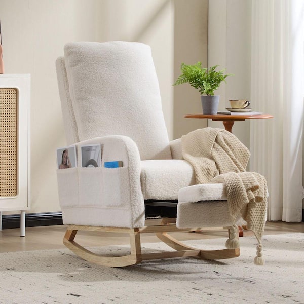 White Teddy Rocking Chair with Footrest Upholstered Nursery Glider ...