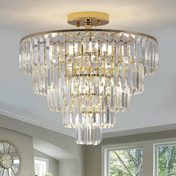 10-Light 5-Tier Round Semi Flush Mount Crystal Chandelier for Living Room with No Bulbs Included