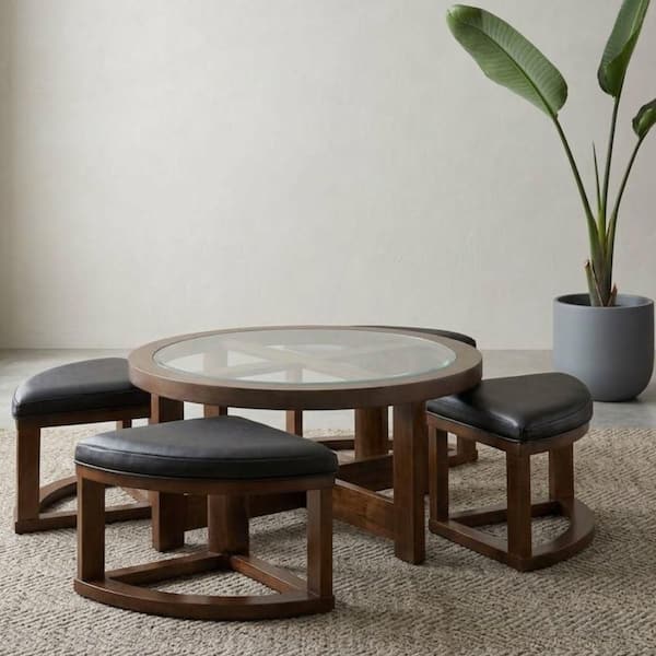Andreaaah 40 in. Dark Walnut Round Glass Coffee Table with 4 Stools