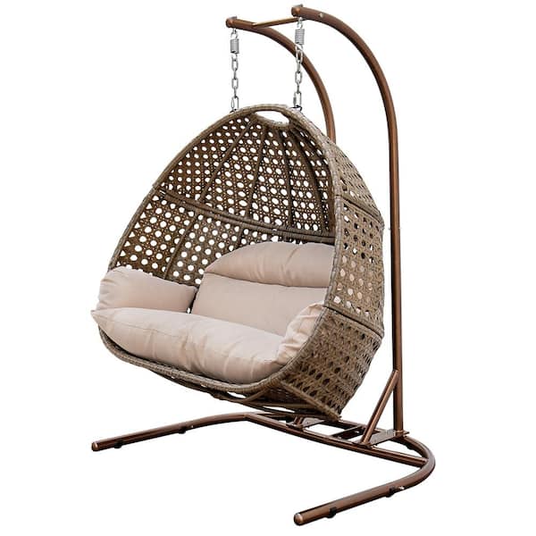 Unbranded Terrace Iron Double Outdoor Swing Chair with Beige Cushion