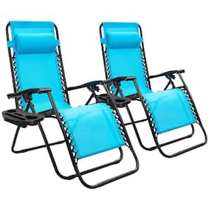 2-Piece Zero Gravity Folding Adjustable Outdoor Lounge Chair with Pillow, Blue