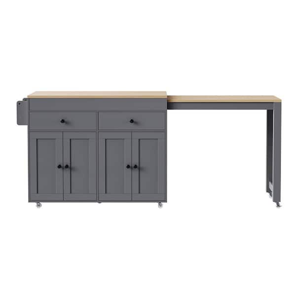 Gray Wood 74.5 in. Rolling Kitchen Island with Extendable Dining Table, 2 Drawers and Spice Rack