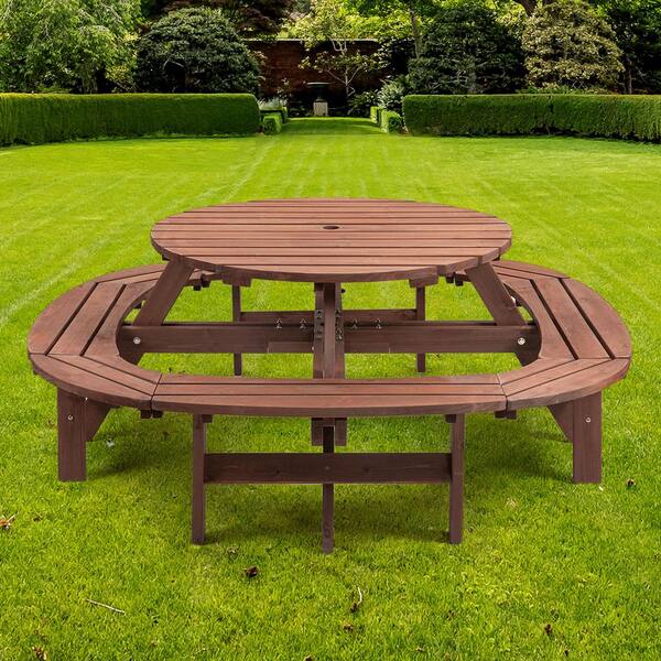 Tenleaf Brown 10-12-Person Wood Outdoor Dining Set Round Picnic