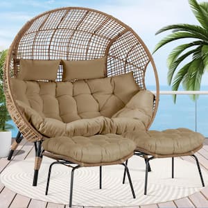 2-Person Brown Double PE Wicker Outdoor Lounge Egg Chair with Brown Cushion and 2 Pcs Ottoman