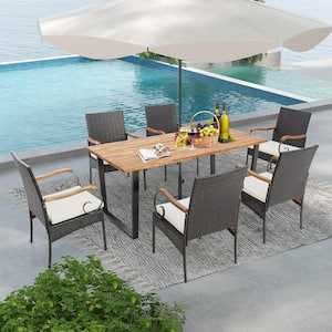 7 Piece Wicker Outdoor Dining Set Acacia Wood Table 6 Wicker Chairs with Umbrella Hole and White Cushions
