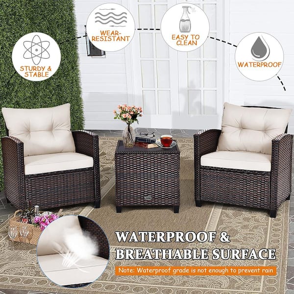 Mix Brown 3-Piece Wicker Steel Patio Conversation Set Sofa Coffee Table with White Cushions