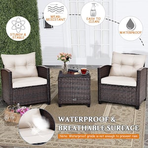 Mix Brown 3-Piece Wicker Steel Patio Conversation Set Sofa Coffee Table with White Cushions