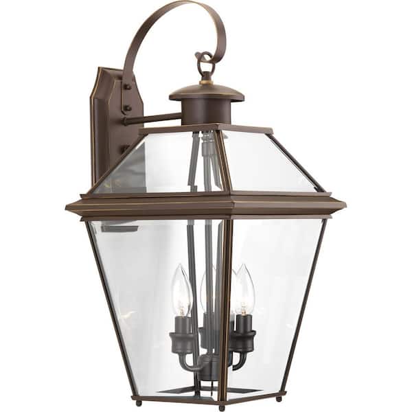 Burlington Collection 3-Light Antique Bronze Clear Beveled Glass New Traditional Outdoor Large Wall Lantern Light