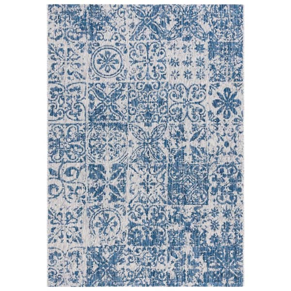 SAFAVIEH Courtyard Navy/Gray 7 ft. x 10 ft. Distressed Ornate Indoor/Outdoor Area Rug