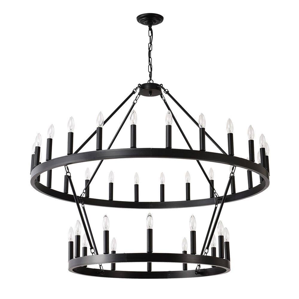 36-Light Black 2 Tiers Wagon Wheel Chandelier Farmhouse Pendant-Light Fixtu