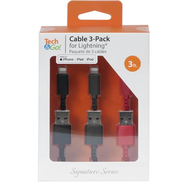Tech and Go 3 ft. Cable for Lightning (3-Pack) 131 3602 TG3 - The Home Depot