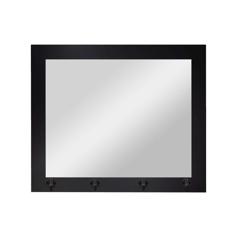 25.5 in. W x 21.5 in. H Black Wall Mirror with Rustic Hooks