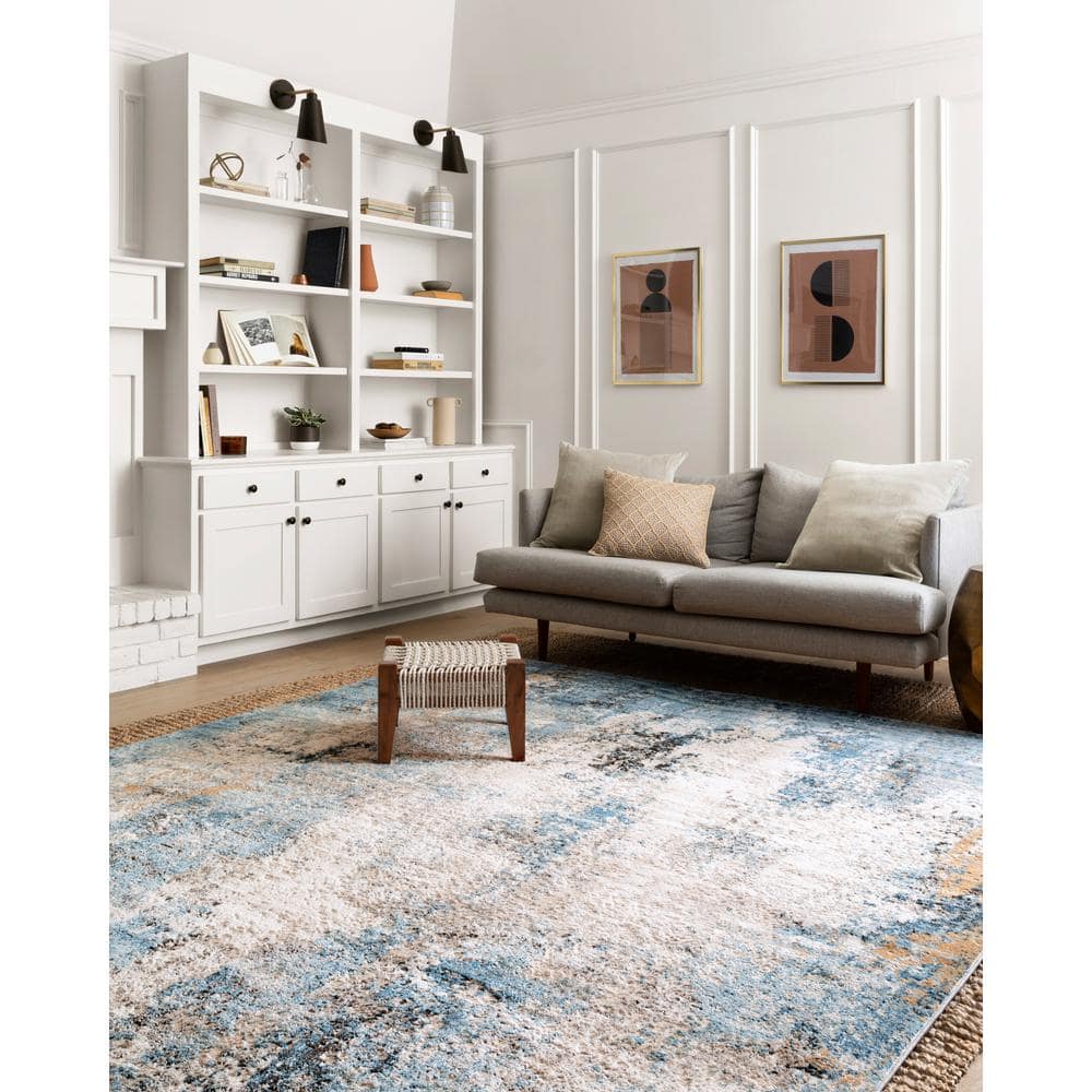 Ivory and Denim Abstract Rectangular Area Rug, 5'3" x 7'6"