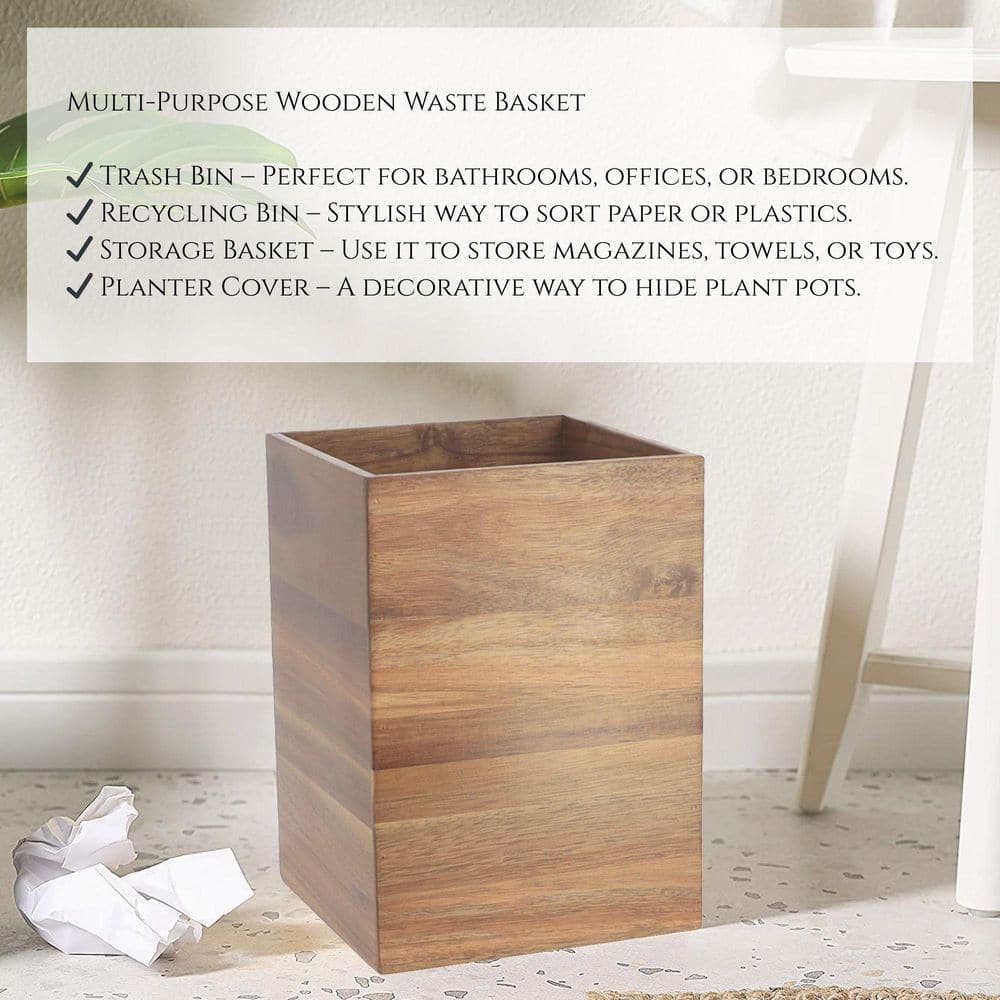 Acacia Wood Square Waste Basket for Bathroom/Bedroom - 2 Gallons