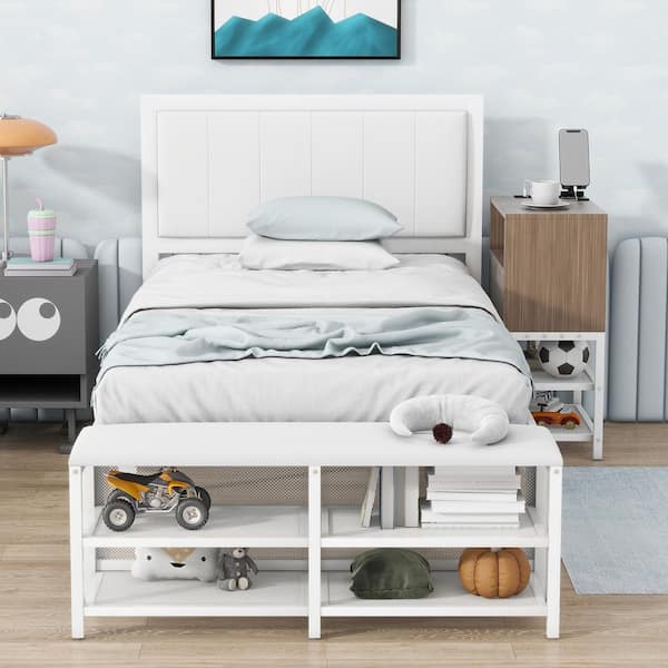 White Metal Frame Twin Size Platform Bed with 2-Shelves and Wooden Cabinet for Kids, No Spring Box Needed