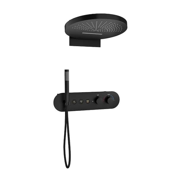 Double Handles 3-Spray Patterns 16 in. Wall Mount Thermostatic Shower Faucet 2.5 GPM with Handheld Shower in Matte Black