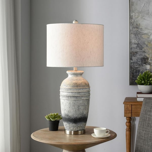 Frank 32 in. Gray Traditional Bedside Table Lamp for Living Room with Beige Linen Shade