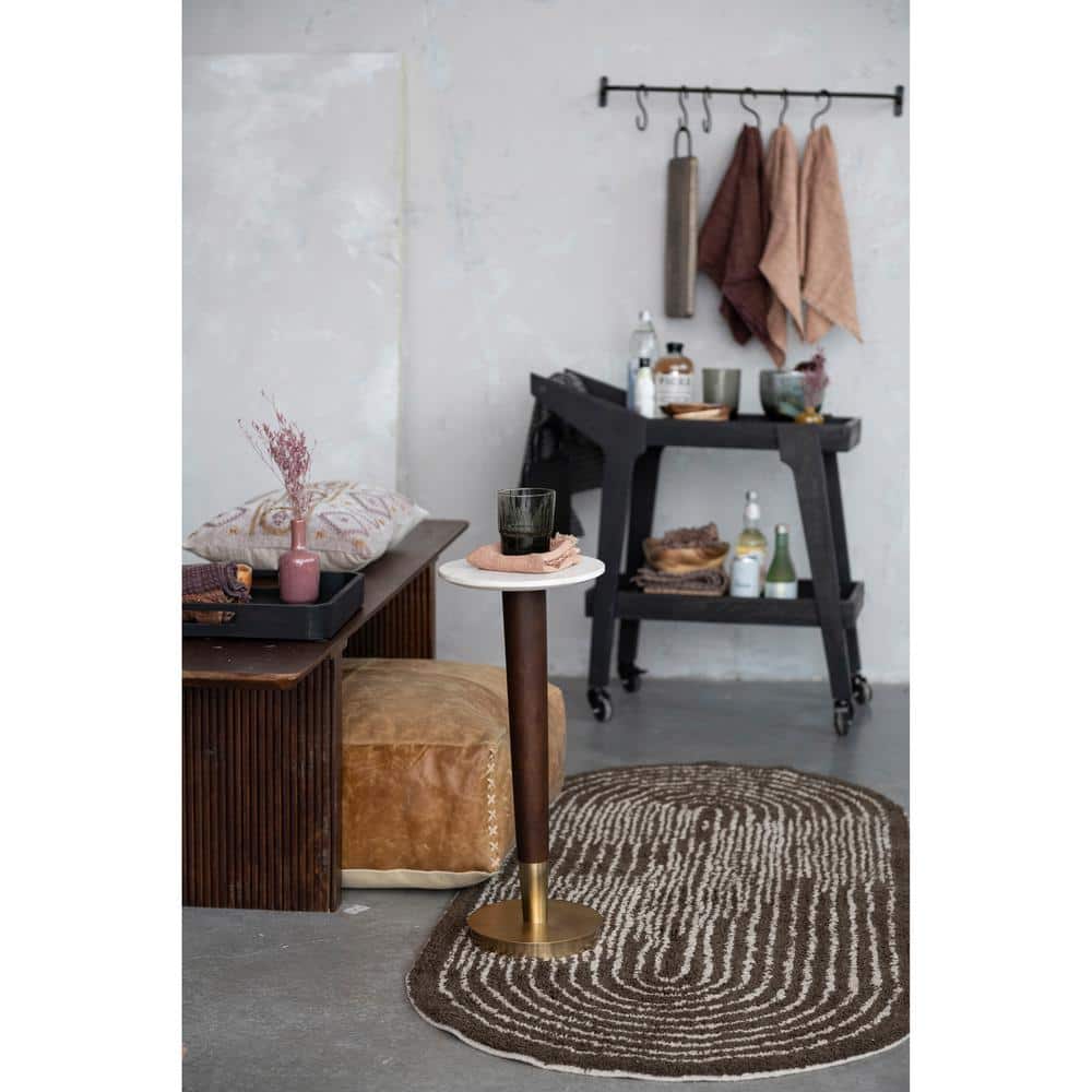 Mid-Century Modern Acacia Wood and Marble Round Accent Table
