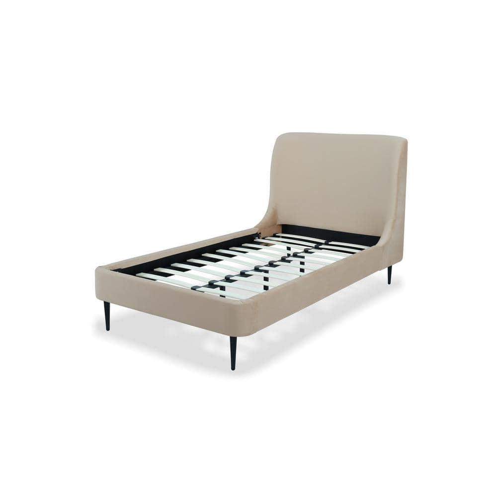 Heather Mid-Century Modern Beige Velvet Upholstered Wood Frame Twin-Size Platform Bed with Black Legs