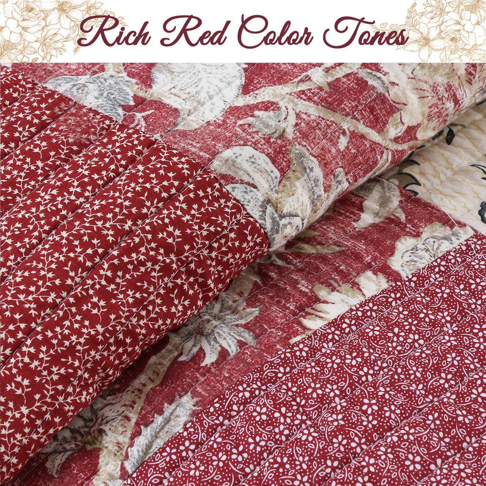 Romantic Red Floral Patchwork Cotton Reversible Queen Quilt Set