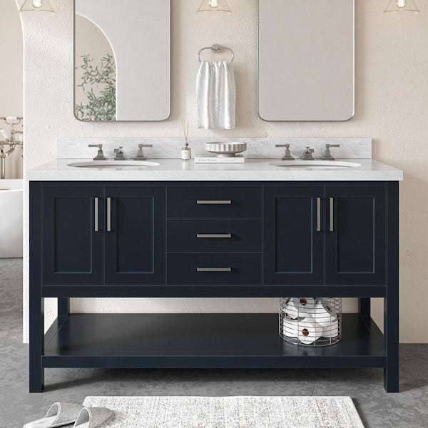ARIEL Magnolia 60 in. W x 22 in. D x 36 in. H Bath Vanity in Blue with Carrara Marble Vanity Top in White with White Basins