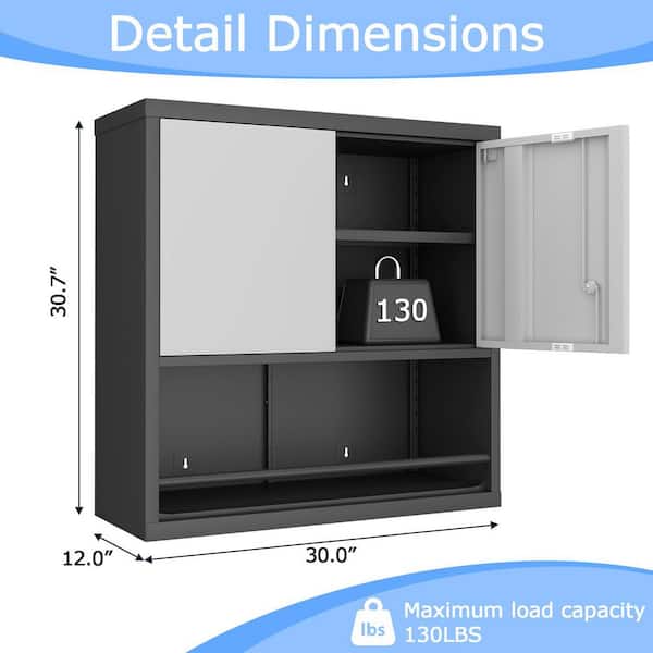 Black 34.4 in. Wall Mounted Steel Storage Cabinet with Adjustable Shelves Locking Doors and Open Shelf Organizer